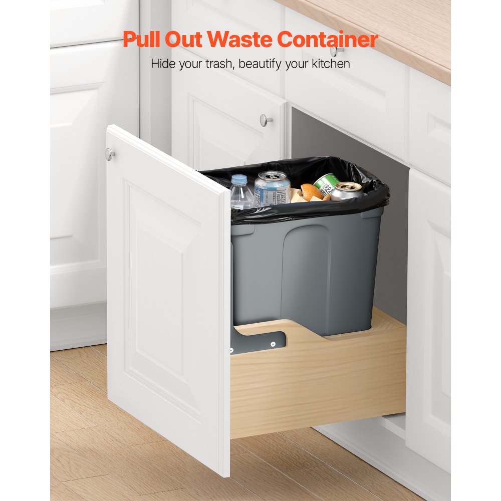 VEVOR Wood Pullout Trash Can for Kitchen Cabinets, 35 QT Garbage Waste Recycling Bin, Under Mount Waste Container, with