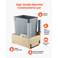 VEVOR Wood Pullout Trash Can for Kitchen Cabinets, 35 QT Garbage Waste Recycling Bin, Under Mount Waste Container, with