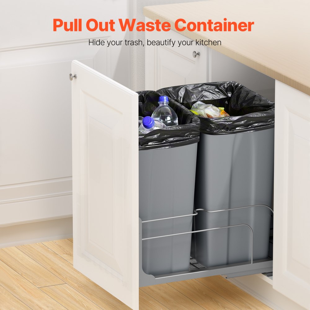 VEVOR Pull-Out Trash Can, 50 QT x2 Double Under Mount Kitchen Waste Container, Heavy Duty Garbage Recycling Bin with