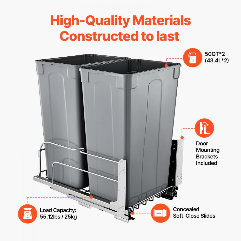 VEVOR Pull-Out Trash Can, 50 QT x2 Double Under Mount Kitchen Waste Container, Heavy Duty Garbage Recycling Bin with