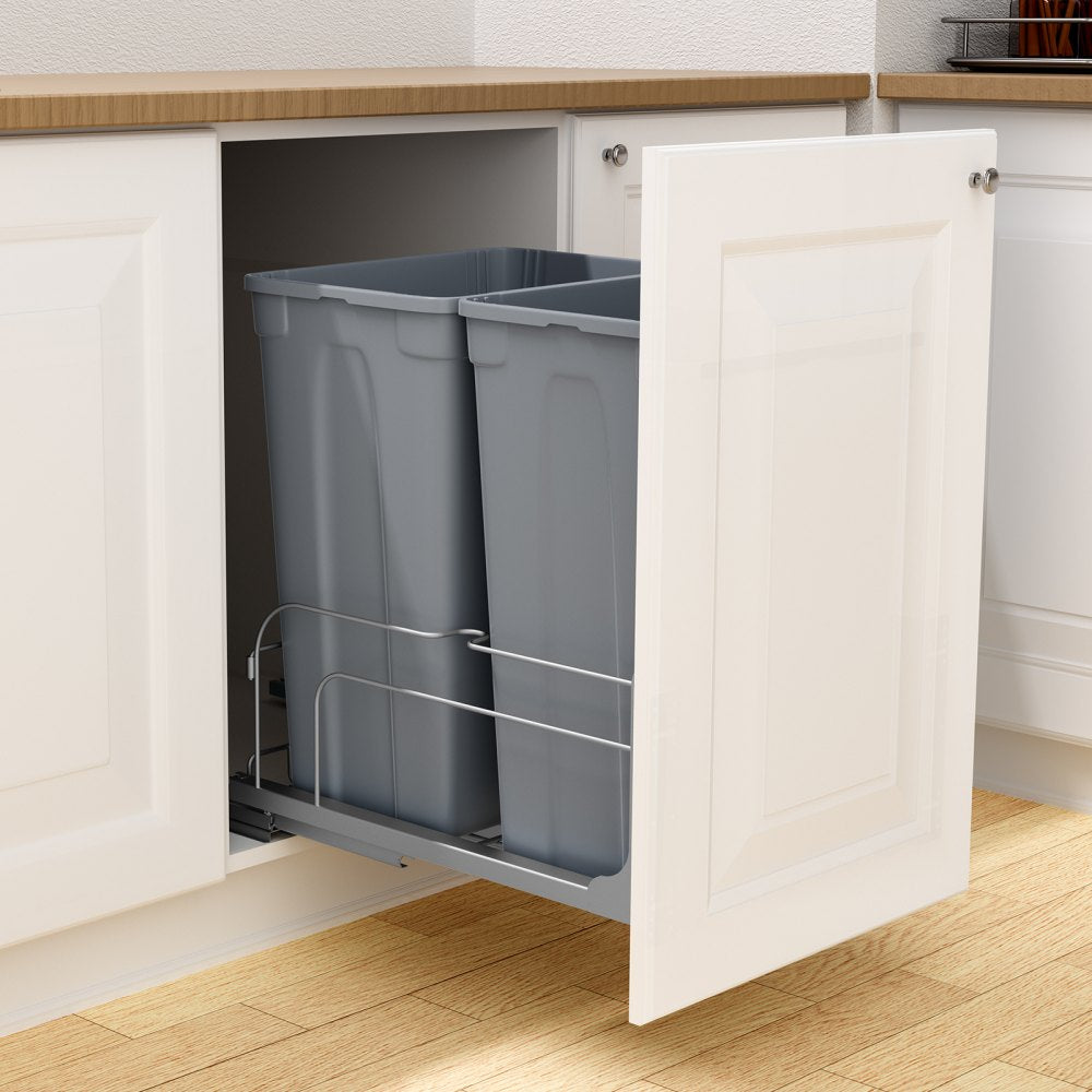 VEVOR Pull-Out Trash Can, 50 QT x2 Double Under Mount Kitchen Waste Container, Heavy Duty Garbage Recycling Bin with