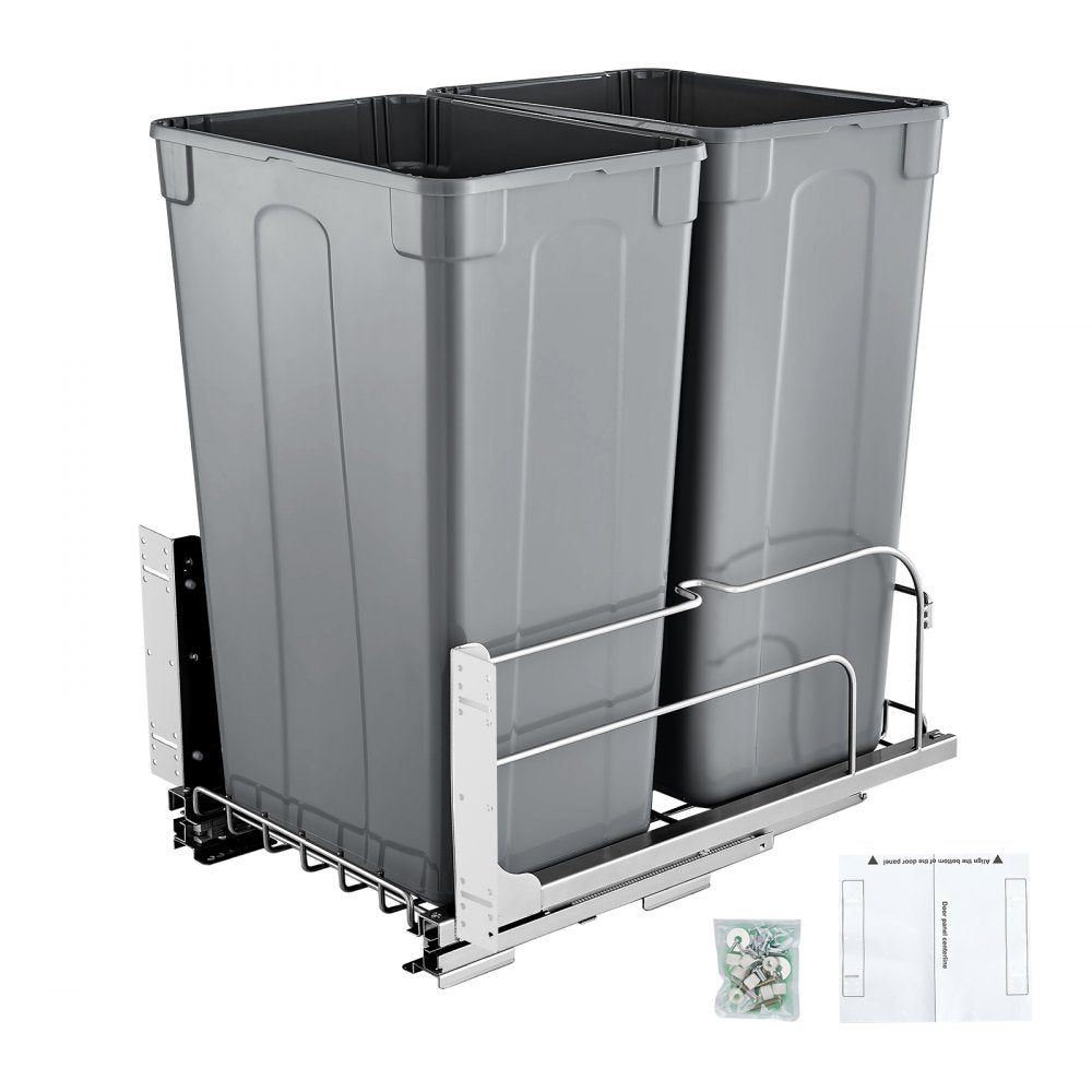 VEVOR Pull-Out Trash Can, 50 QT x2 Double Under Mount Kitchen Waste Container, Heavy Duty Garbage Recycling Bin with
