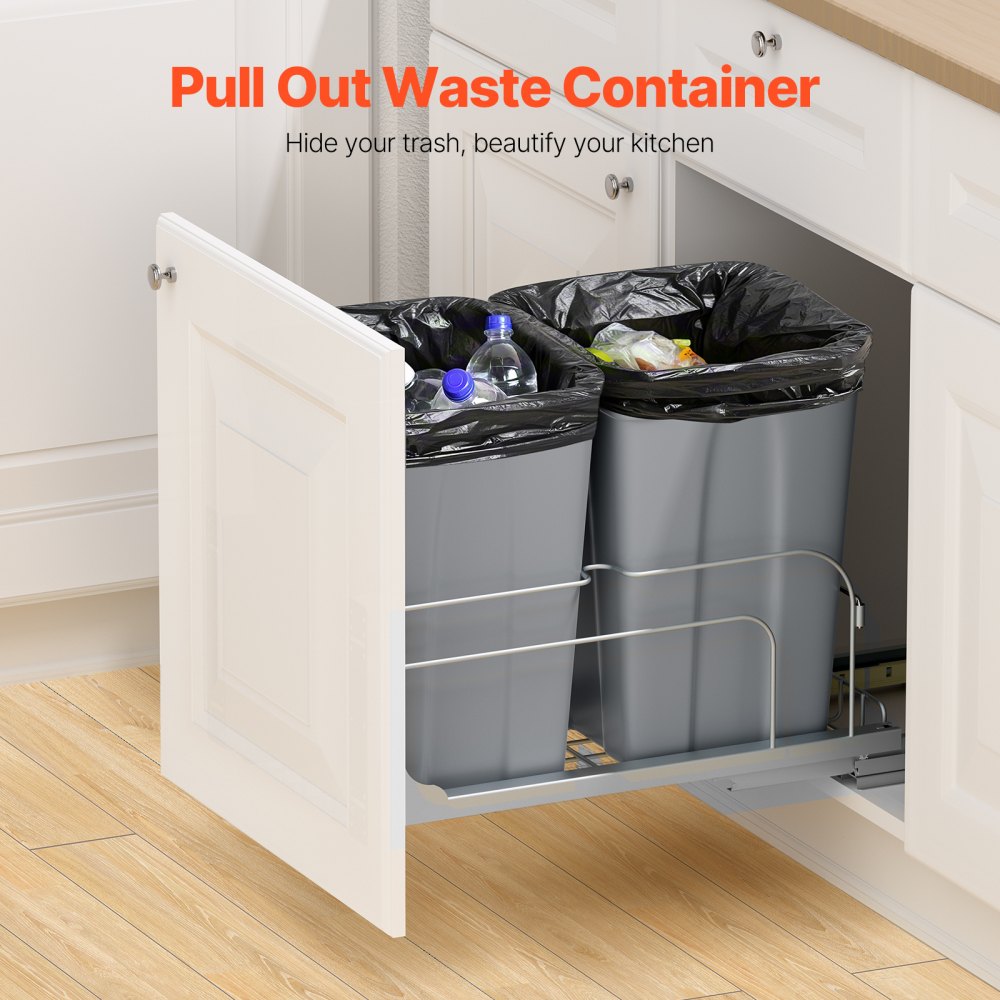 VEVOR Pull-Out Trash Can, 27 QT x2 Double Under Mount Kitchen Waste Container, Heavy Duty Garbage Recycling Bin with