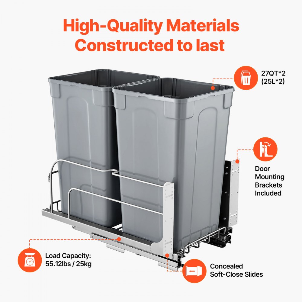 VEVOR Pull-Out Trash Can, 27 QT x2 Double Under Mount Kitchen Waste Container, Heavy Duty Garbage Recycling Bin with
