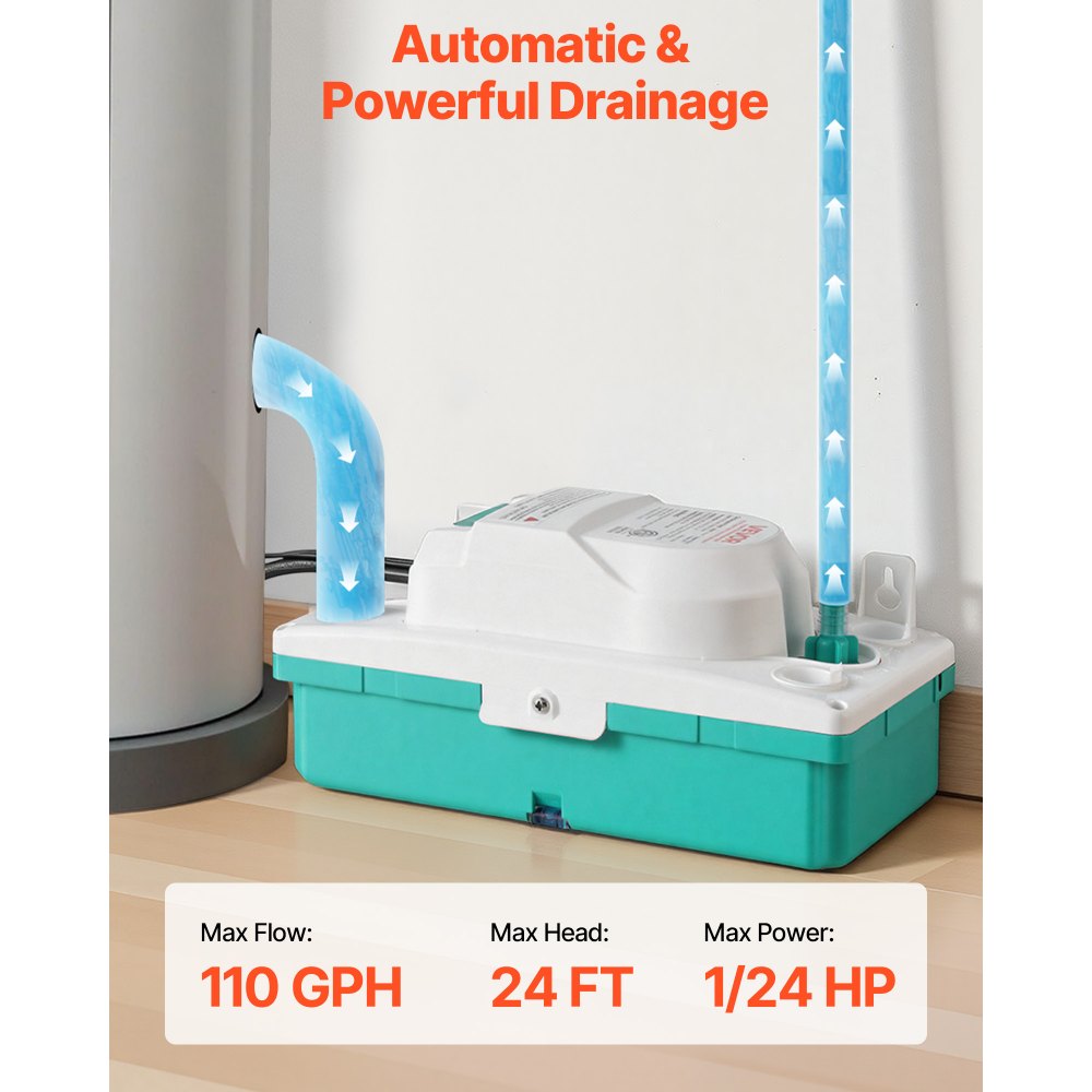 VEVOR Condensate Pump, 1/24 HP, 110 GPH, 24 ft Lift, 100-240V Automatic AC Condensation Removal Pump with Safety Switch
