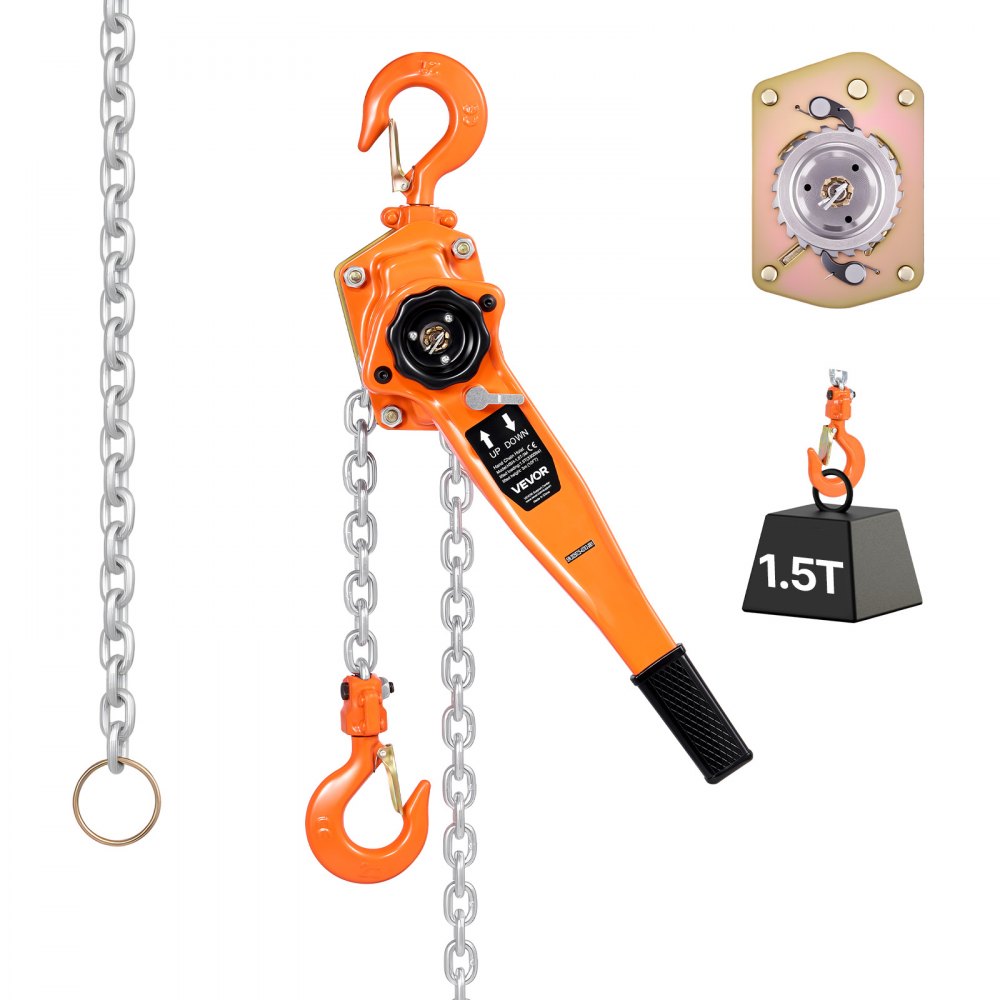 VEVOR Manual Lever Chain Hoist, 1-1/2T 3300LBS Capacity Heavy Duty Come Along, 20FT Lift G80 Alloy Steel Chain With