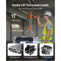 VEVOR Manual Lever Chain Hoist, 1T 2200LBS Capacity Heavy Duty Come Along, 10FT Lift G80 Alloy Steel Chain With Dual