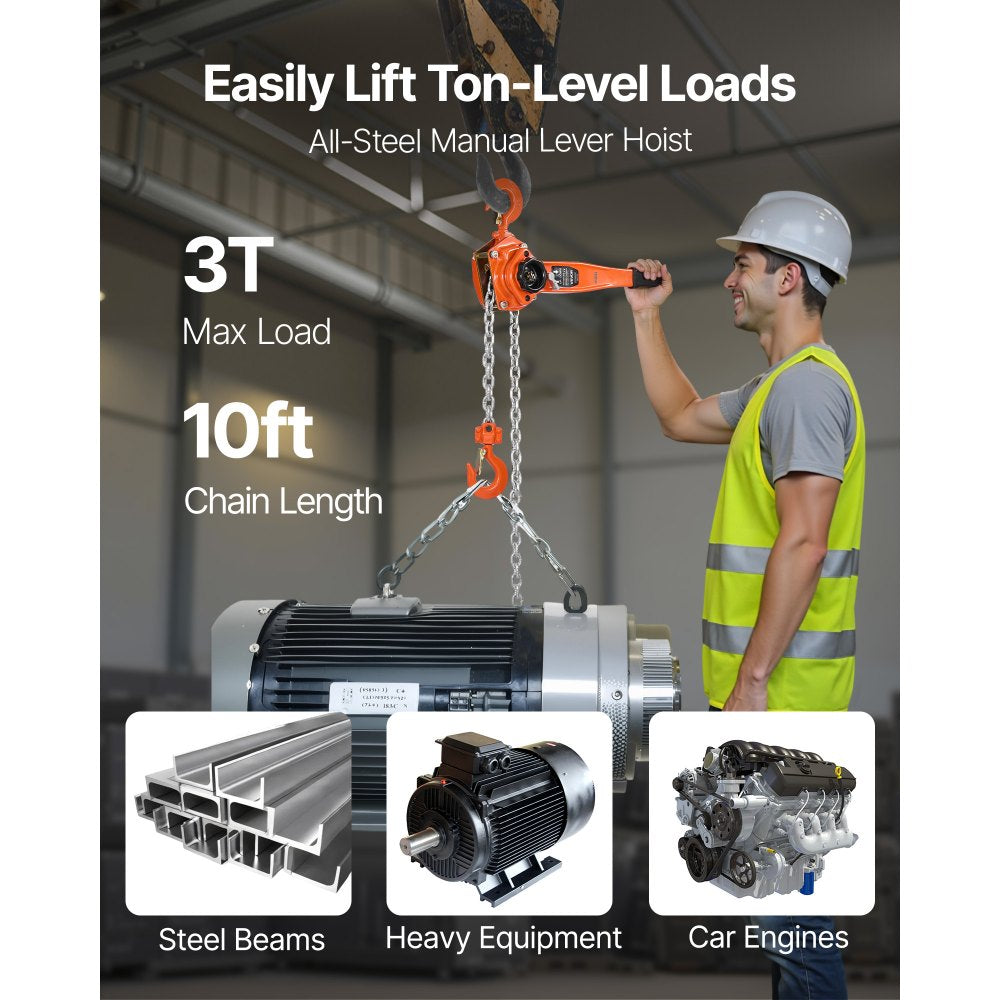 VEVOR Manual Lever Chain Hoist, 3T 6600LBS Capacity Heavy Duty Come Along, 10FT Lift G80 Alloy Steel Chain With Dual