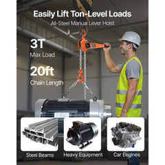 VEVOR Manual Lever Chain Hoist, 3T 6600LBS Capacity Heavy Duty Come Along, 20FT Lift G80 Alloy Steel Chain With Dual