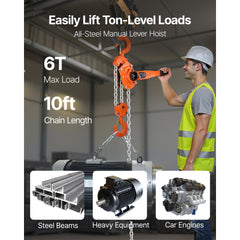 VEVOR Manual Lever Chain Hoist, 6T 13200LBS Capacity Heavy Duty Come Along, 10FT Lift G80 Alloy Steel Chain With Dual