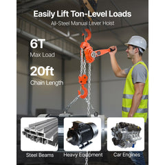VEVOR Manual Lever Chain Hoist, 6T 13200LBS Capacity Heavy Duty Come Along, 20FT Lift G80 Alloy Steel Chain With Dual