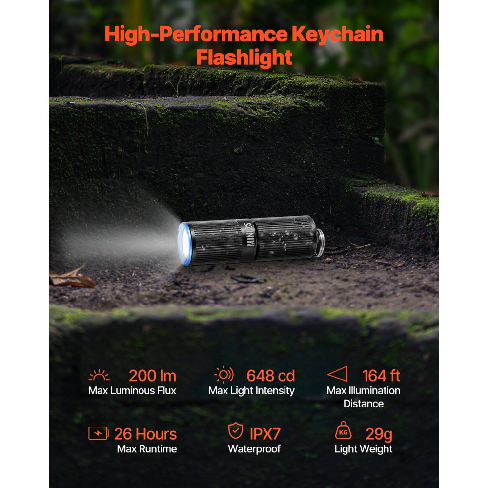 VEVOR Keychain Flashlight, Rechargeable Mini LED Flashlight, 200 High Lumens Pocket-Sized Flashlight with 2 Lighting
