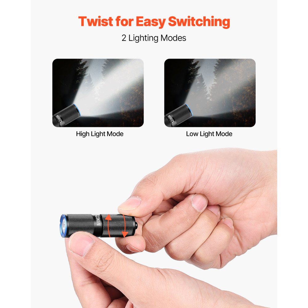 VEVOR Keychain Flashlight, Rechargeable Mini LED Flashlight, 200 High Lumens Pocket-Sized Flashlight with 2 Lighting