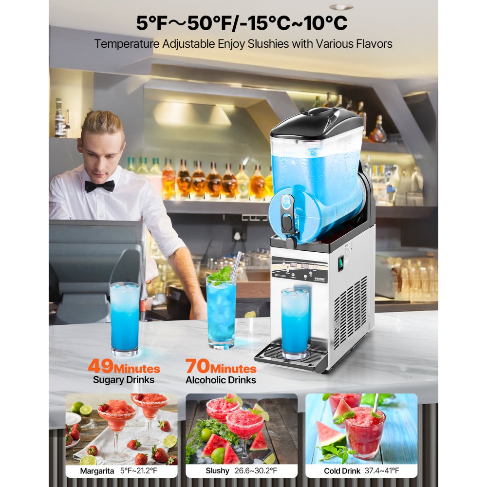 VEVOR Commercial Frozen Drink Maker, 15L Single Tank Slushy Machine, 60 Cups Stainless Steel Margarita Smoothie Frozen