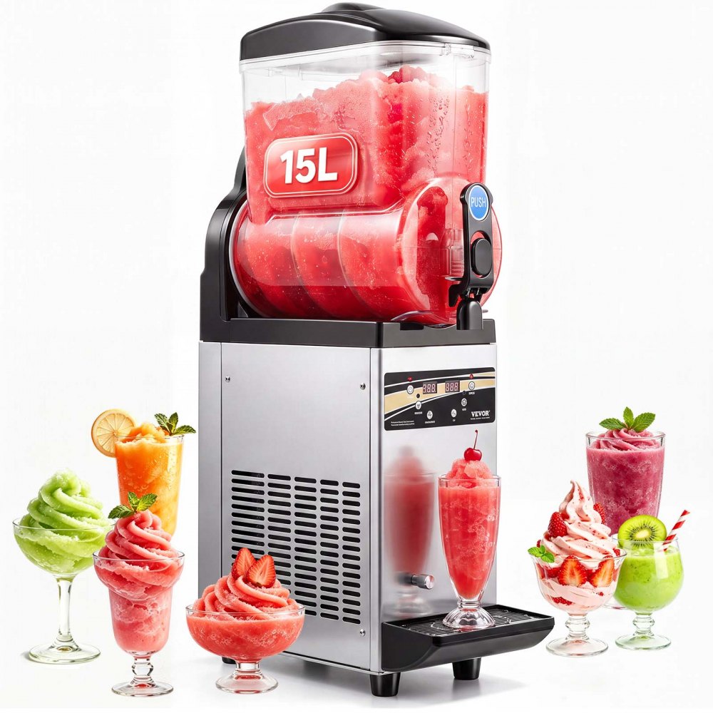 VEVOR Commercial Frozen Drink Maker, 15L Single Tank Slushy Machine, 60 Cups Stainless Steel Margarita Smoothie Frozen