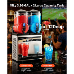 VEVOR Commercial Frozen Drink Maker, 15Lx2 Double Tank Slushy Machine, 120 Cups Stainless Steel Margarita Smoothie