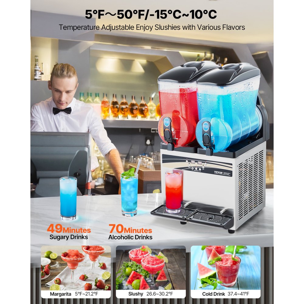 VEVOR Commercial Frozen Drink Maker, 15Lx2 Double Tank Slushy Machine, 120 Cups Stainless Steel Margarita Smoothie