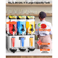 VEVOR Commercial Frozen Drink Maker, 15Lx3 Triple Tank Slushy Machine, 180 Cups Stainless Steel Margarita Smoothie