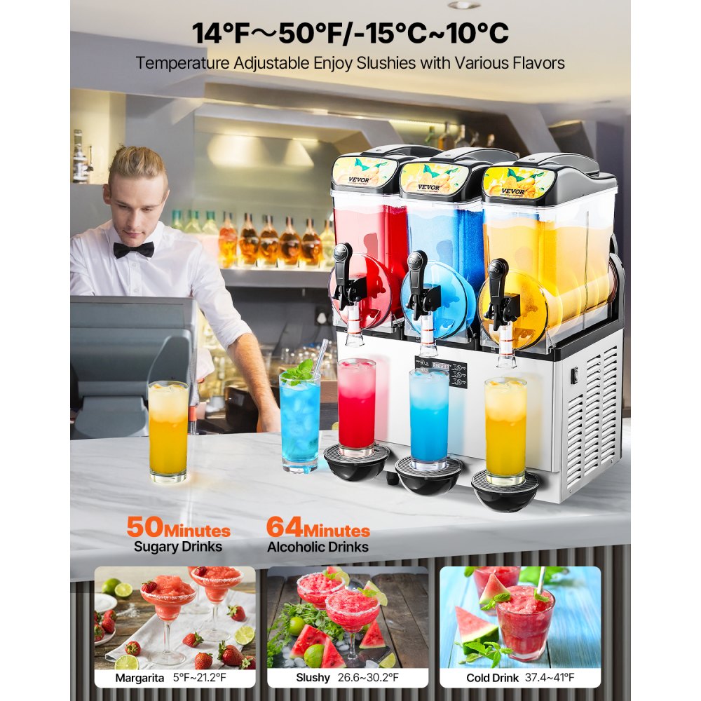 VEVOR Commercial Frozen Drink Maker, 15Lx3 Triple Tank Slushy Machine, 180 Cups Stainless Steel Margarita Smoothie