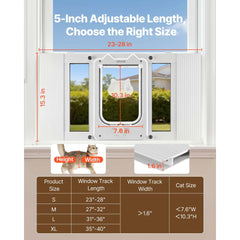 VEVOR Cat Door for Window, Adjustable to Fit Window Width 23"-28", 4 Secure Lock Modes, Aluminum Frame and