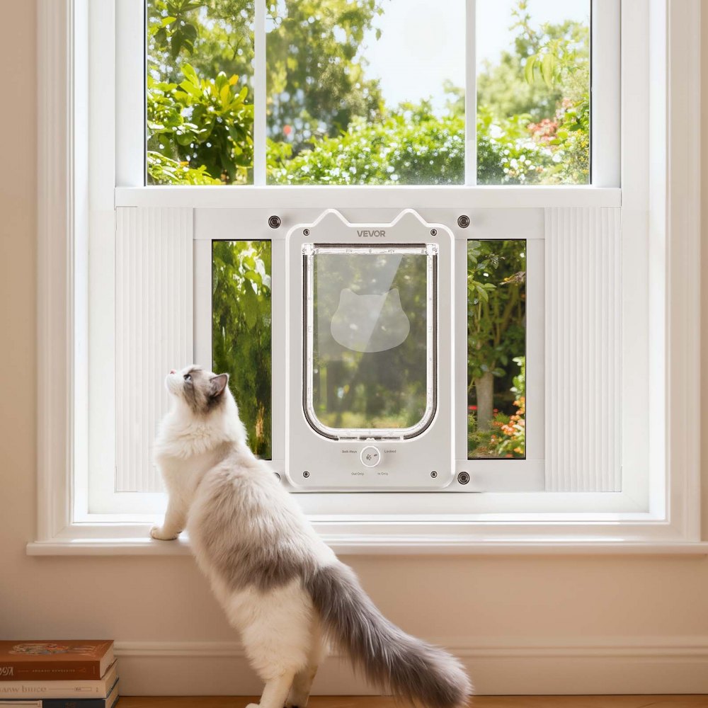 VEVOR Cat Door for Window, Adjustable to Fit Window Width 23"-28", 4 Secure Lock Modes, Aluminum Frame and