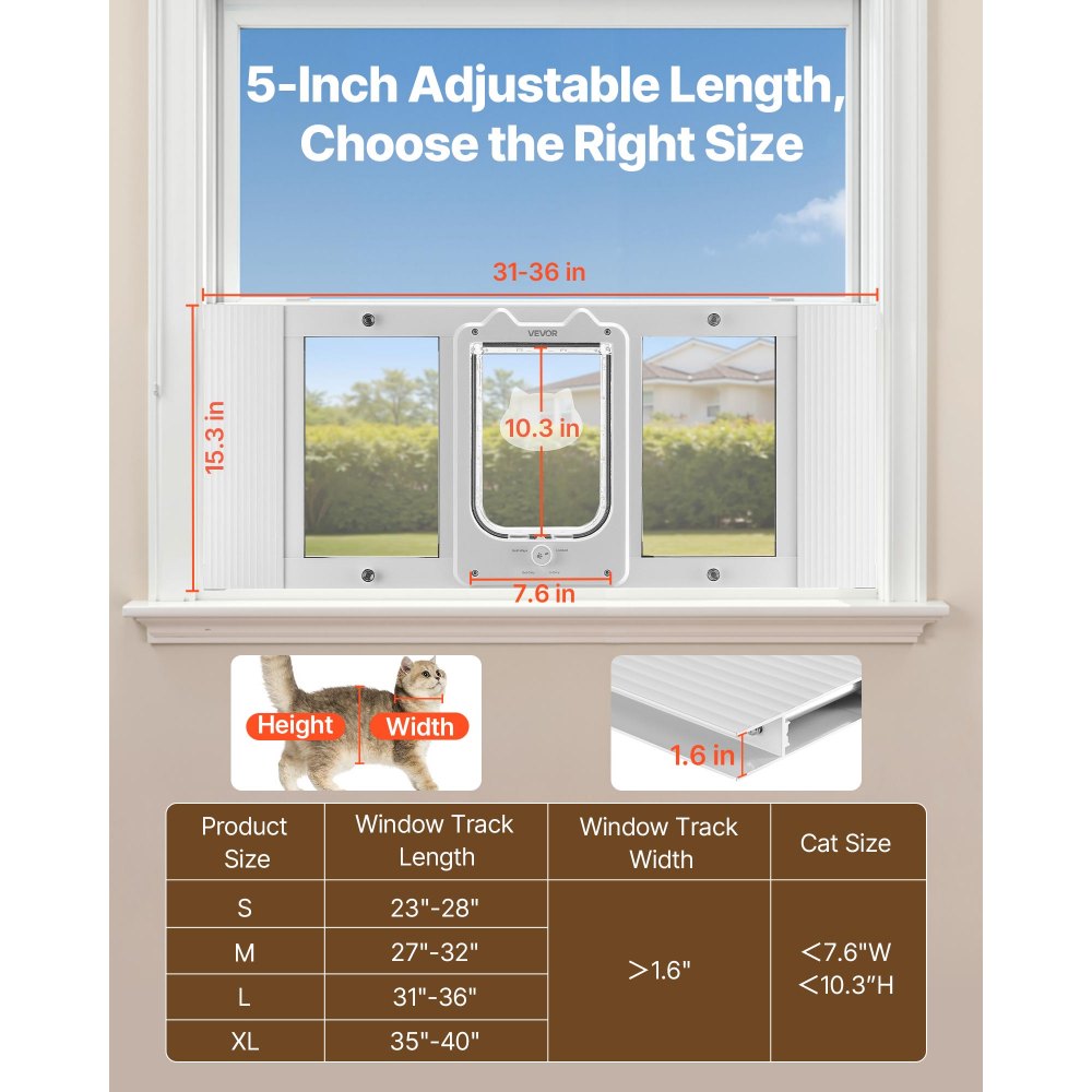 VEVOR Cat Door for Window, Adjustable to Fit Window Width 31"-36", 4 Secure Lock Modes, Aluminum Frame and