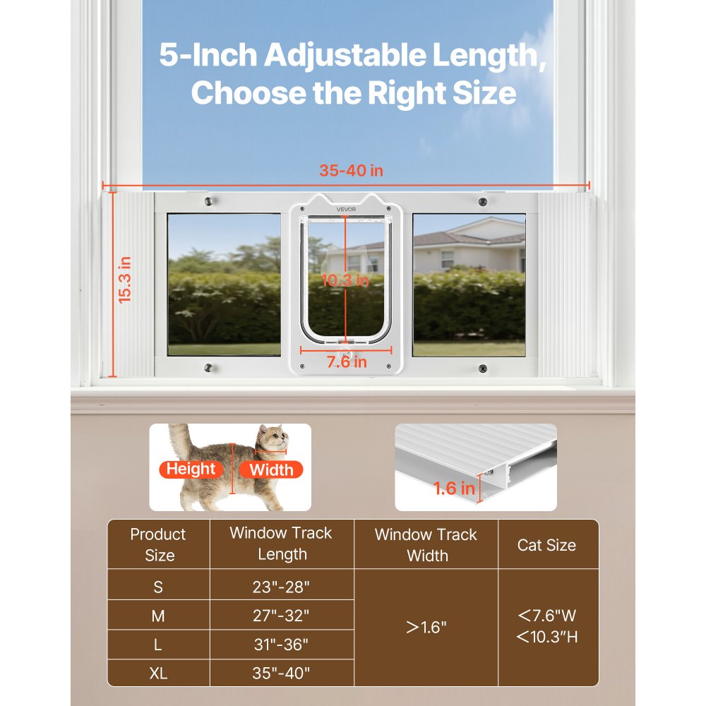 VEVOR Cat Door for Window, Adjustable to Fit Window Width 35"-40", 4 Secure Lock Modes, Aluminum Frame and