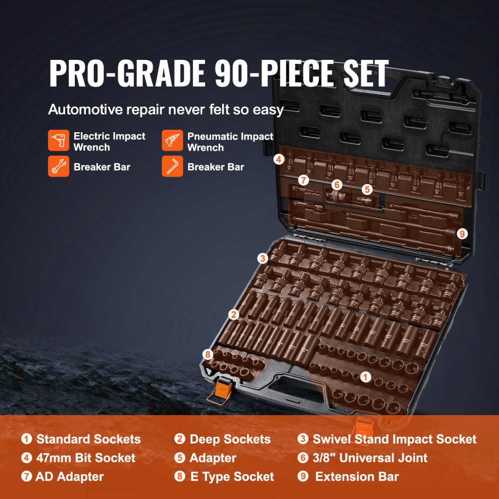 VEVOR 3/8" Drive Impact Socket Set, SAE 1/4"-3/4" and Metric 6-19mm 90 Piece Socket Set, 6 Point Cr-Mo Alloy Steel for