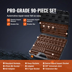 VEVOR 3/8" Drive Impact Socket Set, SAE 1/4"-3/4" and Metric 6-19mm 90 Piece Socket Set, 6 Point Cr-Mo Alloy Steel for