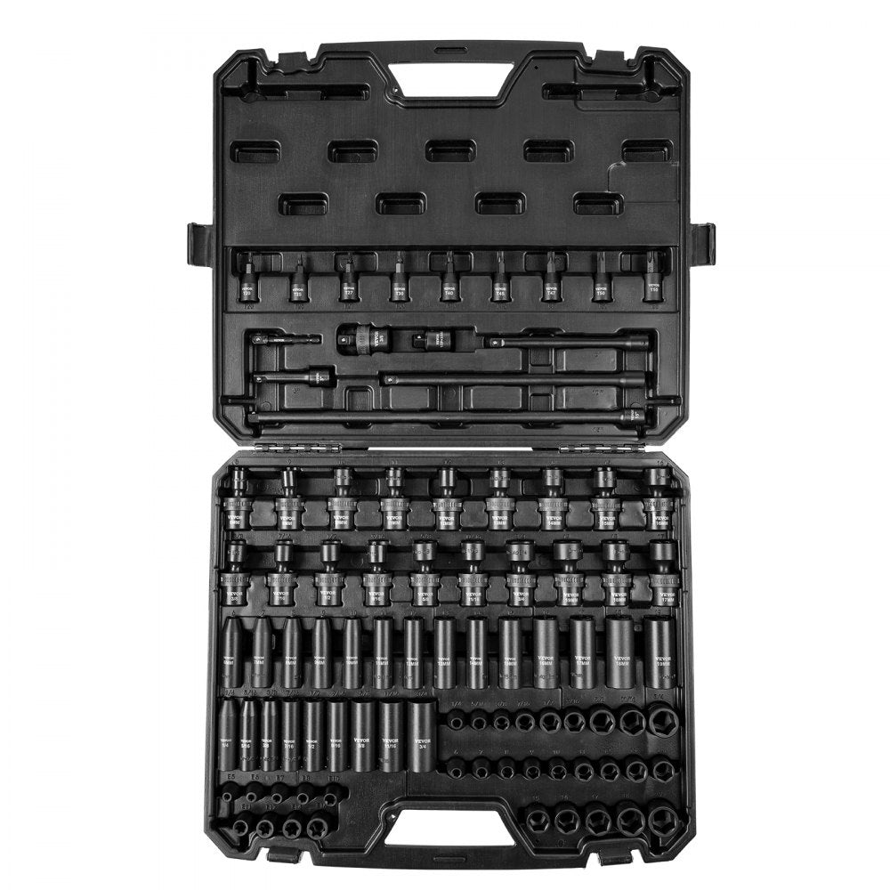 VEVOR 3/8" Drive Impact Socket Set, SAE 1/4"-3/4" and Metric 6-19mm 90 Piece Socket Set, 6 Point Cr-Mo Alloy Steel for