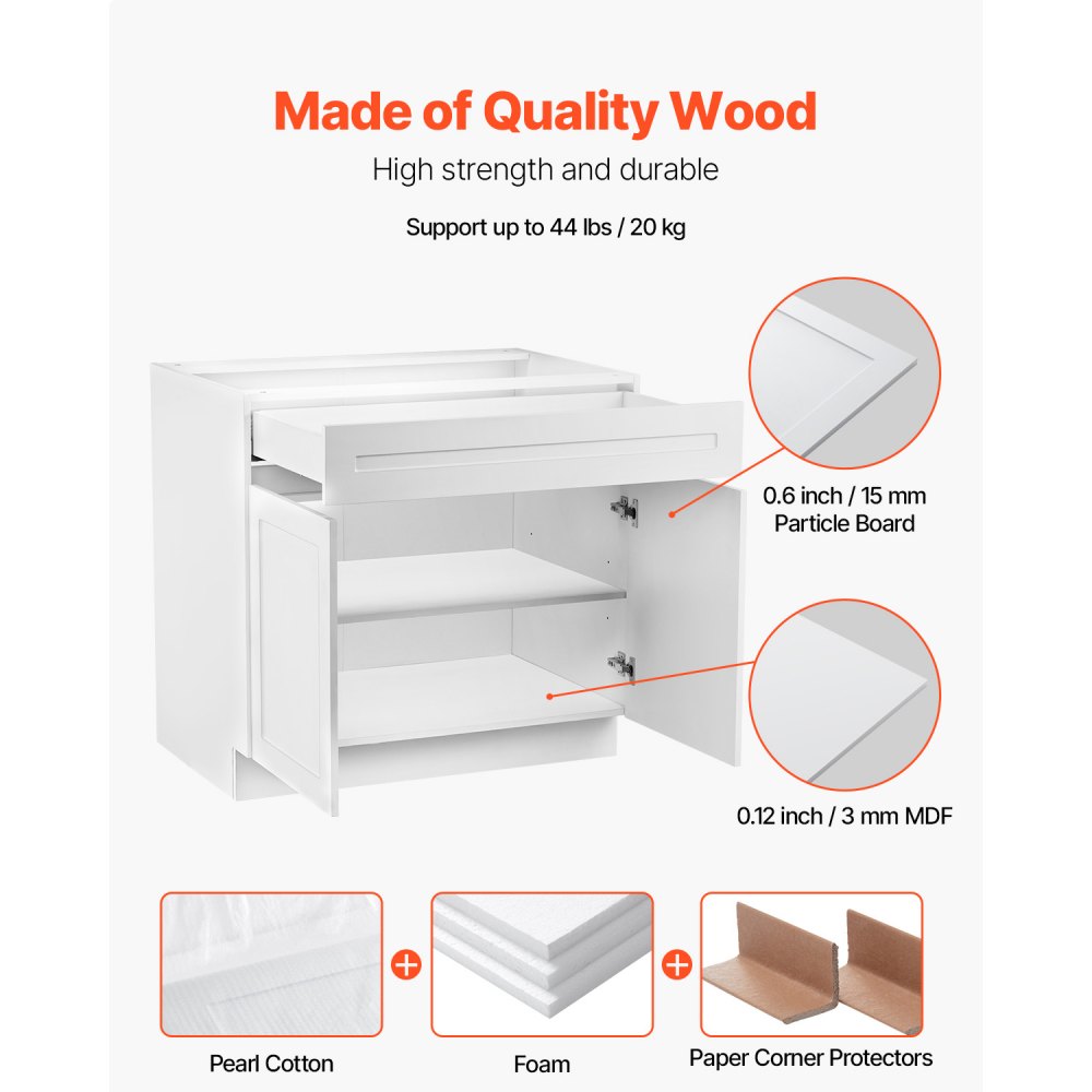 VEVOR White Shaker Base Cabinet with Drawer, 30-Inch Unassembled Drawer Base Cabinet, 30" W x 24" D x 34.5" H Ready to