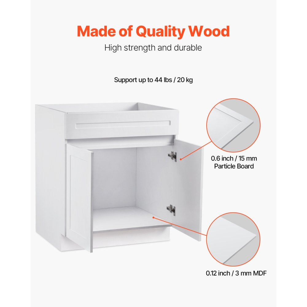 VEVOR White Shaker Base Cabinet, 30-Inch Unassembled Sink Base Cabinet, 30" W x 24" D x 34.5" H Ready to Assemble