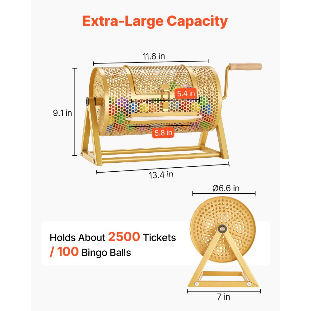 VEVOR Raffle Ticket Spinner, 11.6" x 6.6" Holds 2500 Tickets or 100 Ping Pong Balls, Raffle Drum Lottery Spinning Cage