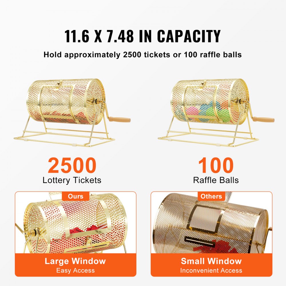 VEVOR Raffle Drum,Holds 2500 Tickets or 100 Ping Pong Balls, Metal Lottery Spinning Drawing with Wooden Turning