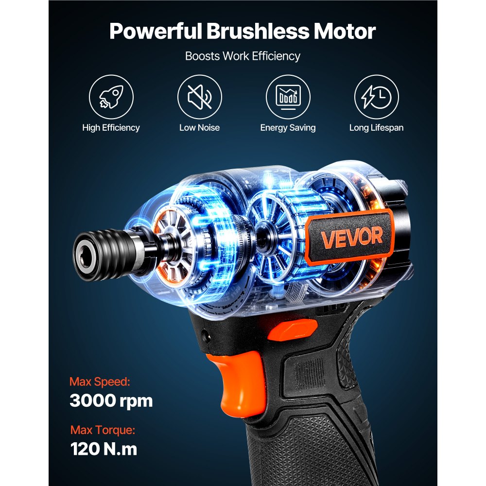 VEVOR Impact Driver, 1/4 Inch, 3000 RPM Max Speed, 12 V Brushless Motor, Electric Cordless Impact Driver Kit with