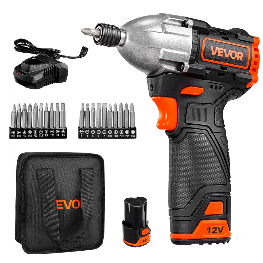 VEVOR Impact Driver, 1/4 Inch, 3000 RPM Max Speed, 12 V Brushless Motor, Electric Cordless Impact Driver Kit with