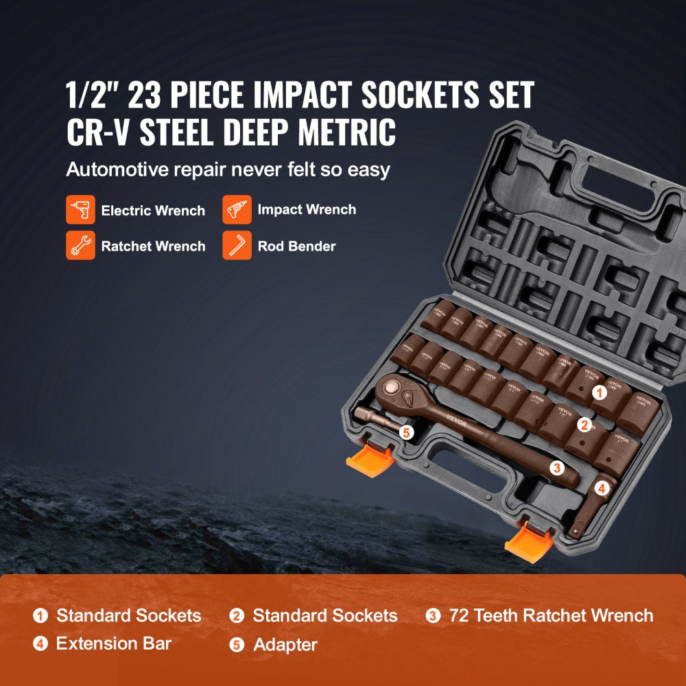 VEVOR Impact Socket Set with 1/2" Drive, Comprising 23 Pieces in SAE (7/16" -1") & Metric Measurements, 6 Point Cr-V