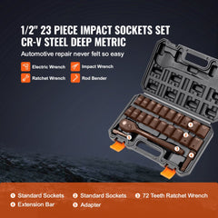 VEVOR Impact Socket Set with 1/2" Drive, Comprising 23 Pieces in SAE (7/16" -1") & Metric Measurements, 6 Point Cr-V