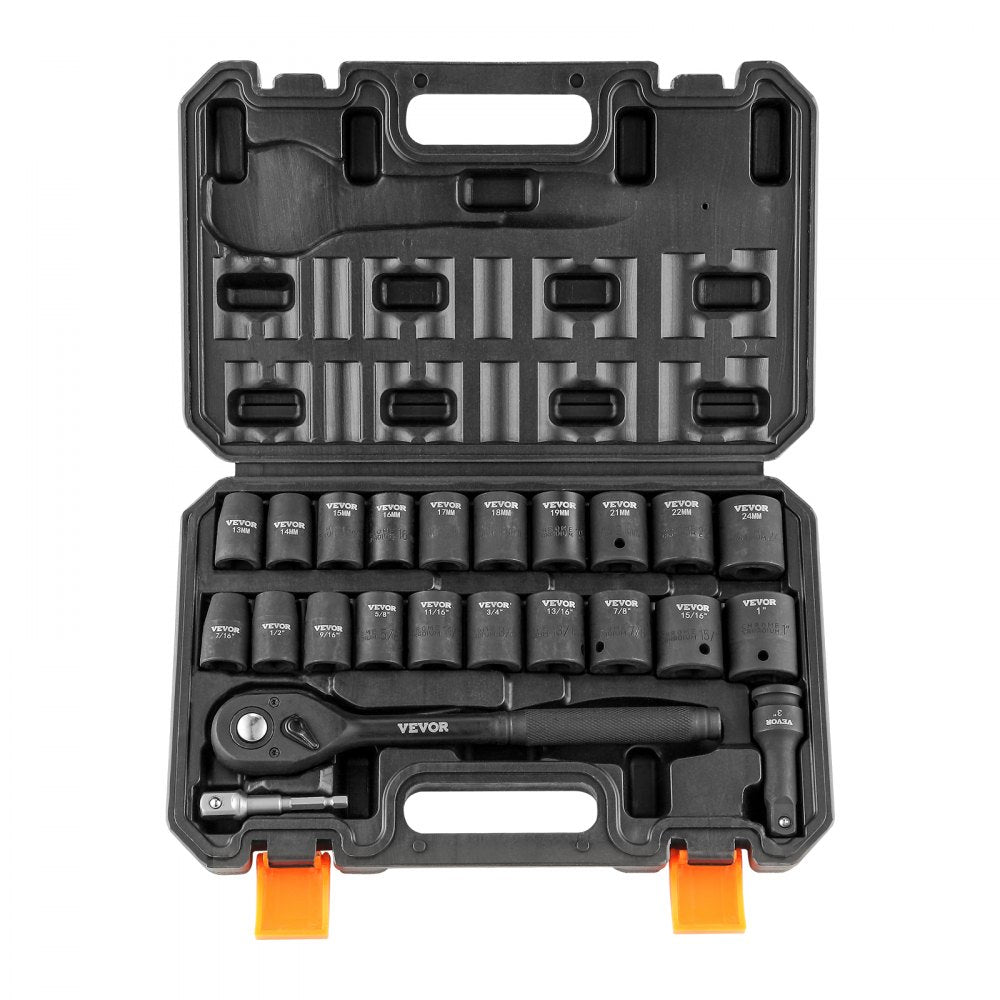 VEVOR Impact Socket Set with 1/2" Drive, Comprising 23 Pieces in SAE (7/16" -1") & Metric Measurements, 6 Point Cr-V