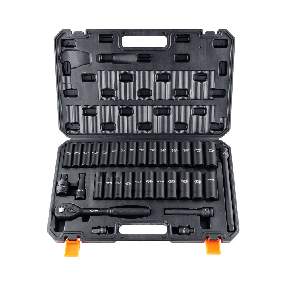 VEVOR 1/2" Drive Impact Socket Set, 33 Piece Socket Set SAE 3/8"-1" and Metric 10-24mm, 6 Point Cr-V Alloy Steel for