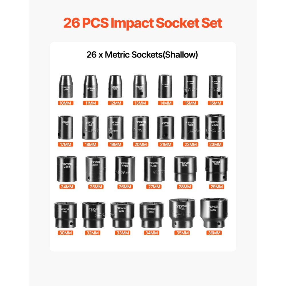 VEVOR Impact Socket Set 1/2 Inches 26 Piece Impact Sockets, Shallow Socket, 6-Point Sockets, Rugged Construction, CR-V