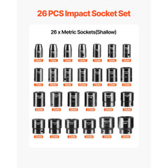 VEVOR Impact Socket Set 1/2 Inches 26 Piece Impact Sockets, Shallow Socket, 6-Point Sockets, Rugged Construction, CR-V