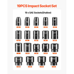 VEVOR Impact Socket Set 1/2 Inches 19 Piece Impact Sockets, Standard Socket Assortment, 1/2 Inches Drive Socket Set