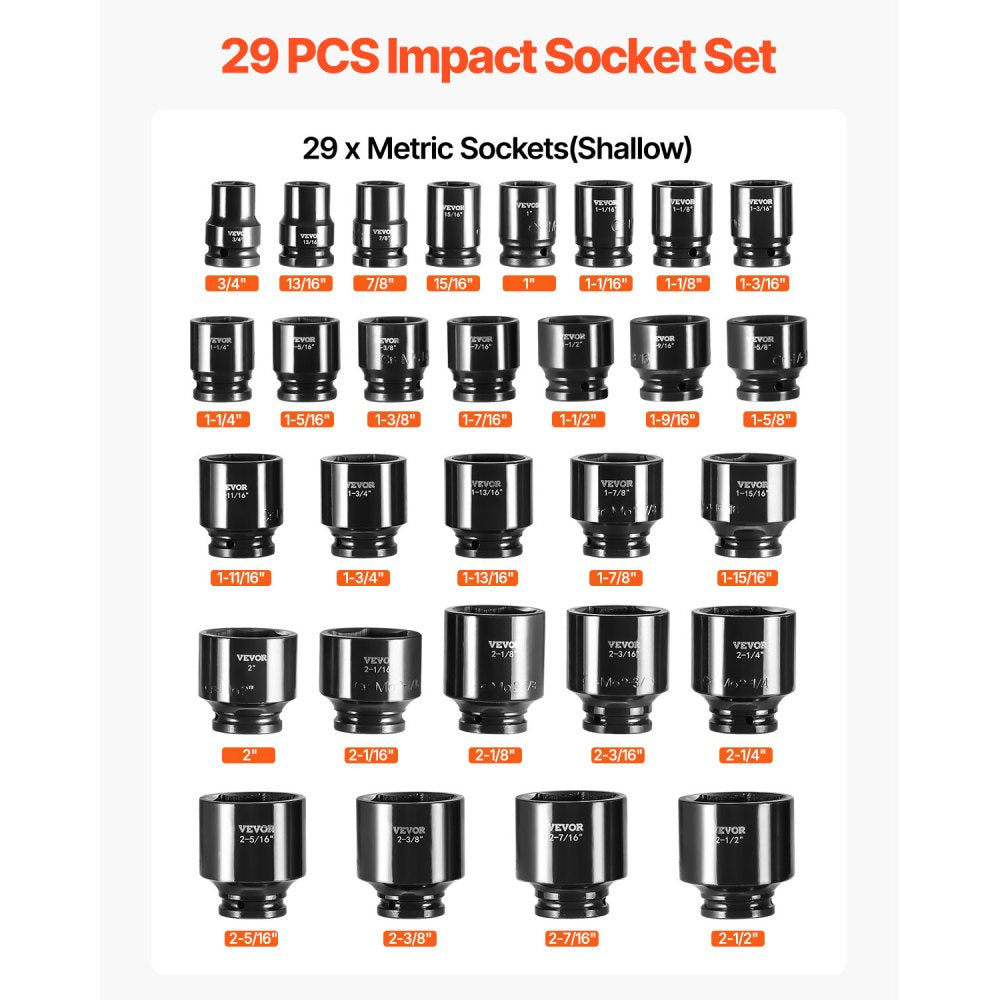 VEVOR Impact Socket Set 3/4 Inches 29 Piece Impact Sockets, 6-Point Sockets, Rugged Construction, CR-M0, 3/4 Inches