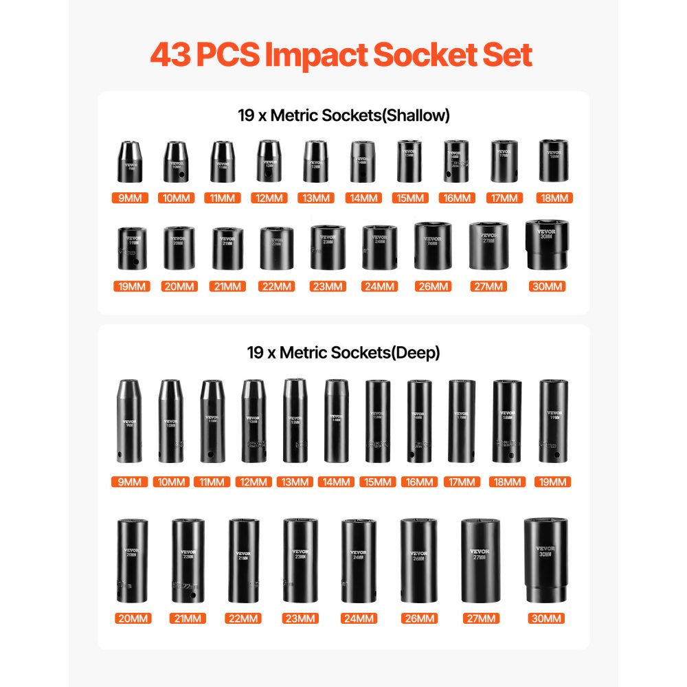 VEVOR Impact Socket Set 1/2 Inches 43 Piece Impact Sockets, Standard Socket Assortment, 1/2 Inches Drive Socket Set