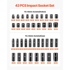 VEVOR Impact Socket Set 1/2 Inches 43 Piece Impact Sockets, Standard Socket Assortment, 1/2 Inches Drive Socket Set