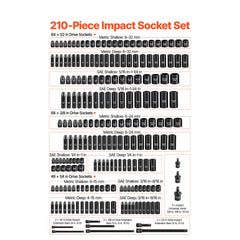 VEVOR 210 Piece Drive Impact Socket Set, 1/4, 3/8, 1/2 Inch, 6 Point Deep & Shallow Impact Sockets, SAE (3/16 to 1-1/4