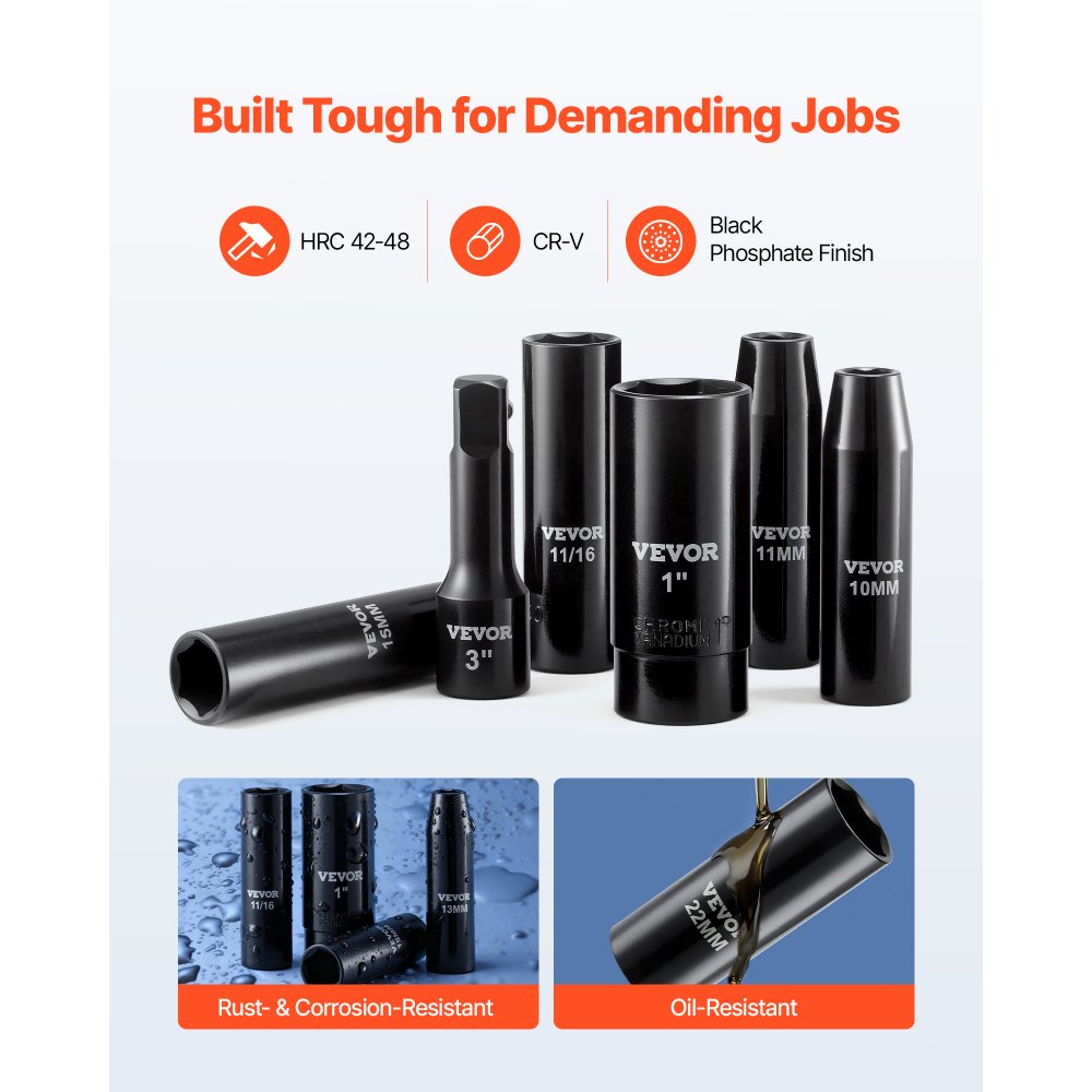VEVOR 1/2 in Drive Impact Socket Set, 29 Piece, 6 Point Deep Impact Sockets, SAE (3/8 to 1 inch) and Metric (10 to 24