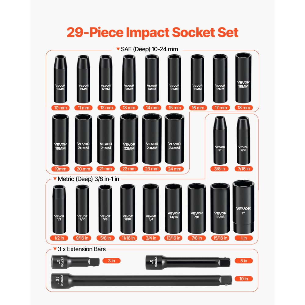 VEVOR 1/2 in Drive Impact Socket Set, 29 Piece, 6 Point Deep Impact Sockets, SAE (3/8 to 1 inch) and Metric (10 to 24