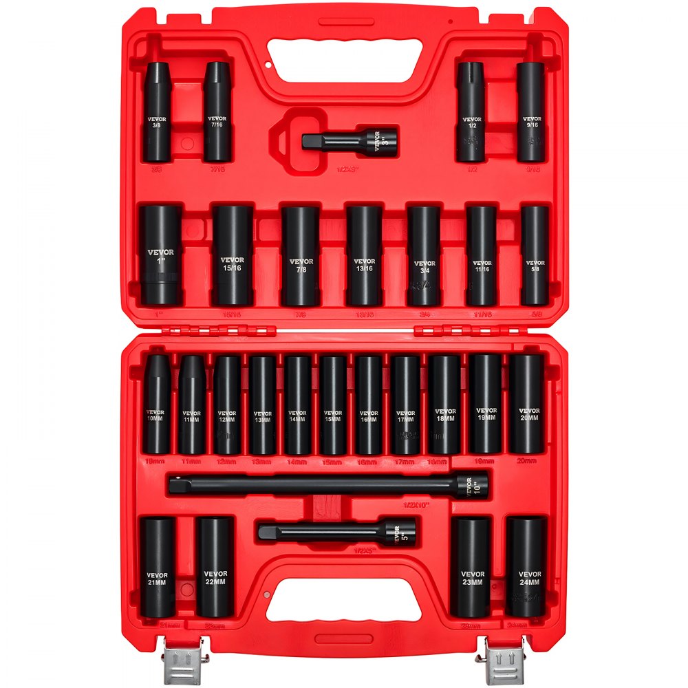 VEVOR 1/2 in Drive Impact Socket Set, 29 Piece, 6 Point Deep Impact Sockets, SAE (3/8 to 1 inch) and Metric (10 to 24